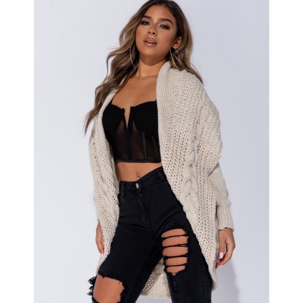 Chunky Cable Knitted Shawl Collar Cardigan Sweater - Picture 4 of 10